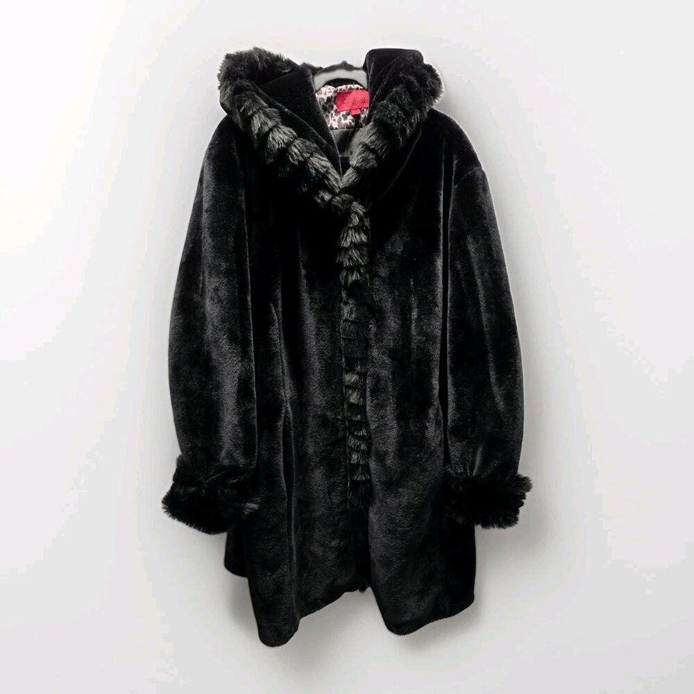 Excelled Collection Women's Plus 3X Black Mid Length Coat Hood Faux Fur Mob Wife